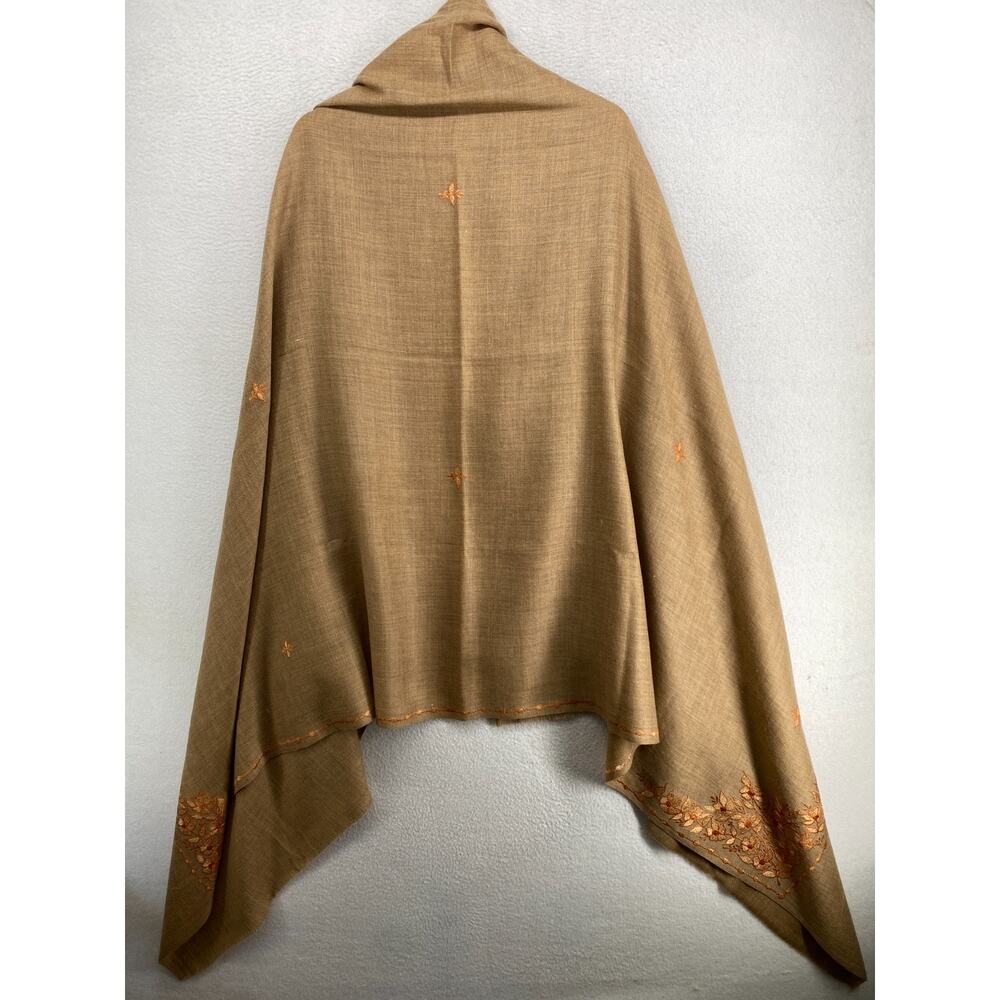 Wool Scarf Shawl Kashmiri Wrap Embroidered Floral Oversized Fringe Camel Brown - Picture 3 of 11
